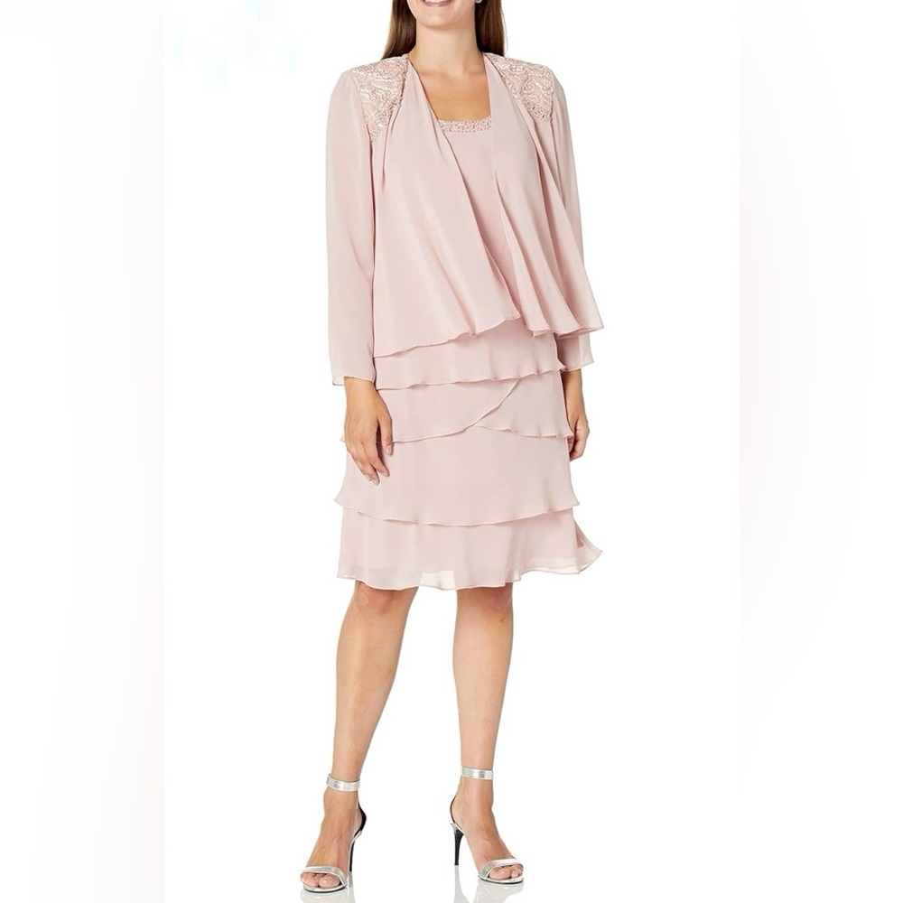 New SLNY Beaded Scoop Neck Chiffon Dress With Jacket Faded Rose Sz 10P